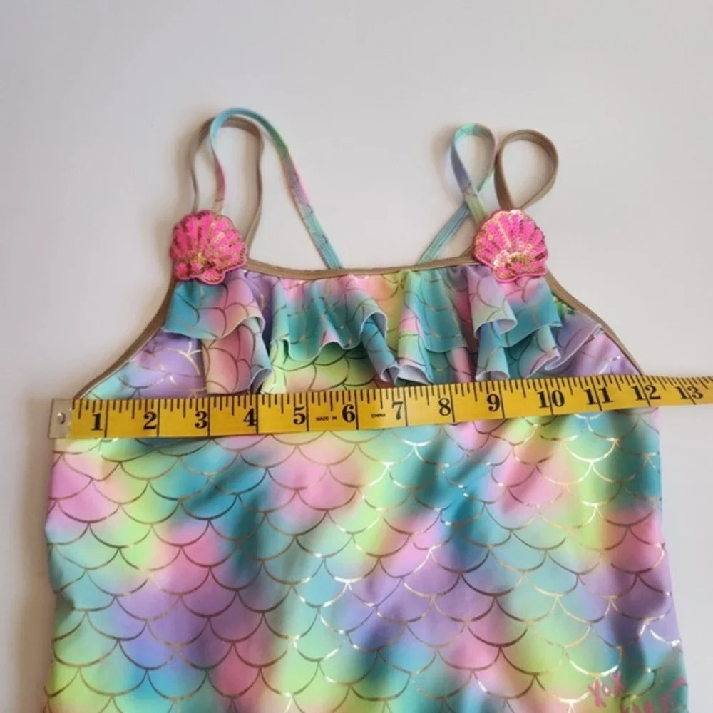 Betsey Johnson Girls XL 14 Mermaid‎ Scale Rainbow Ruffle One Piece Swimsuit Gold